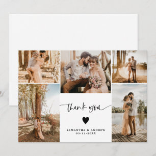 Carte De Remerciements Moderne simple script coeur 5 photos mariage