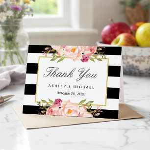 Carte De Remerciements Modernes Bandes Noires et Blanches Floral Élégant 