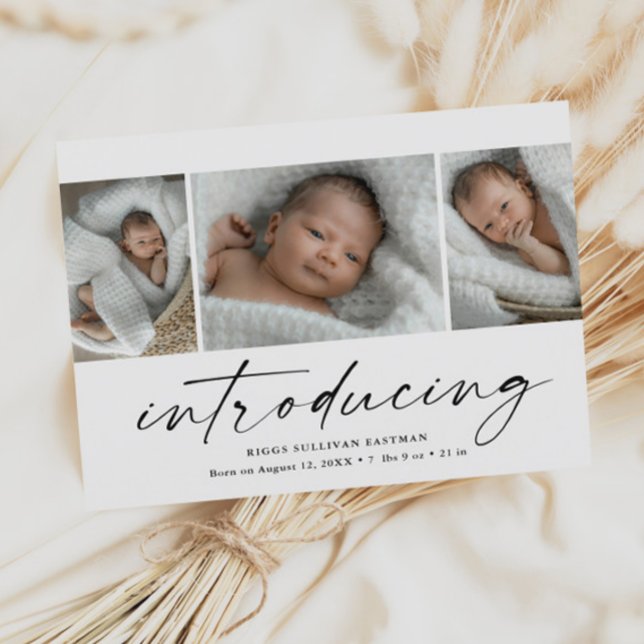 Carte De Remerciements Moderniser l'introduction du collage photo bébé (Modern script introducing 3 photo collage baby birth announcement thank you card.)