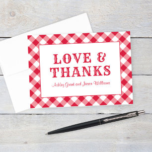 Carte De Remerciements Monograme de Rustic Red Gingham Plaid Wedding