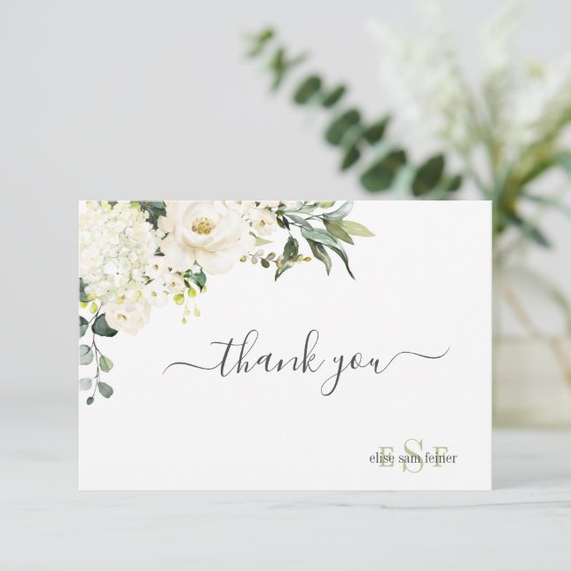 Carte De Remerciements Monogramme Aquarelle Albâtre Roses Hydrangée (Debout devant)