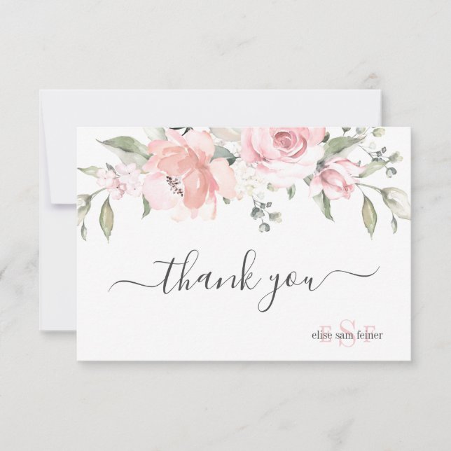 Carte De Remerciements Monogramme Blush Dusty Rose Aquarelle Fleurs (Devant)