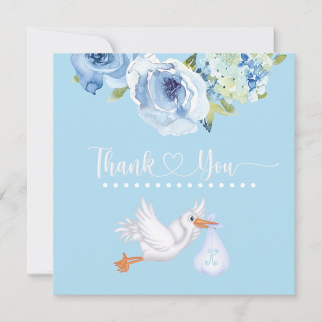 Carte De Remerciements Monogramme de cigogne bleue Baby shower floral Mer (Devant)