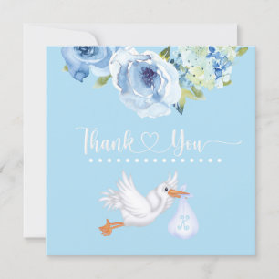 Carte De Remerciements Monogramme de cigogne bleue Baby shower floral Mer