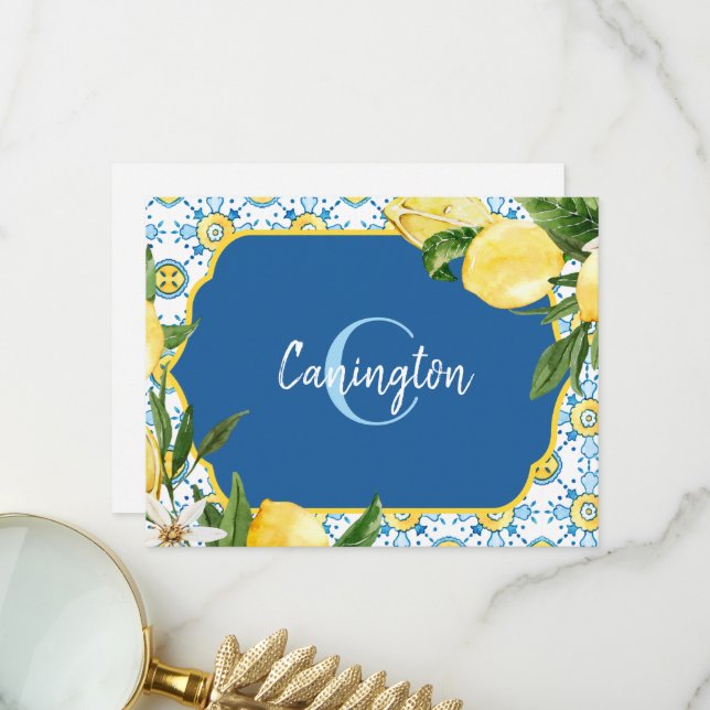 Carte De Remerciements Monogramme De Citron Bleu Méditerranéen Nom(S) (Devant/Arrière en situation)