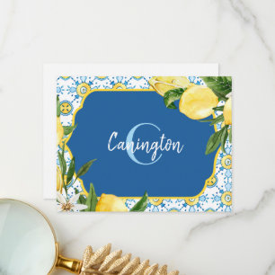 Carte De Remerciements Monogramme De Citron Bleu Méditerranéen Nom(S) 
