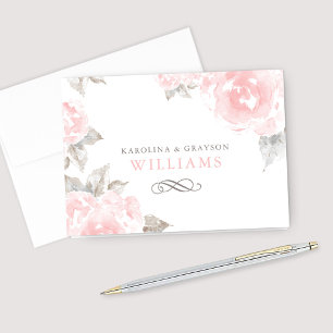Carte De Remerciements Monogramme de mariage à la rose rose vintage aquar