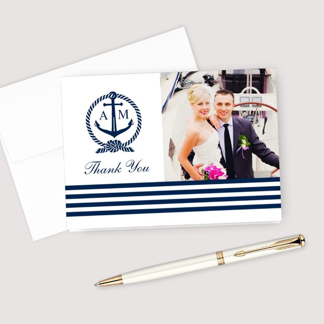 Carte De Remerciements Monogramme de mariage nautique de la Marine Photo (Créateur téléchargé)