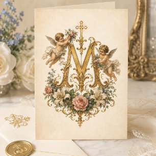 Carte De Remerciements Monogramme de Marie Chérubins Floral Catholique