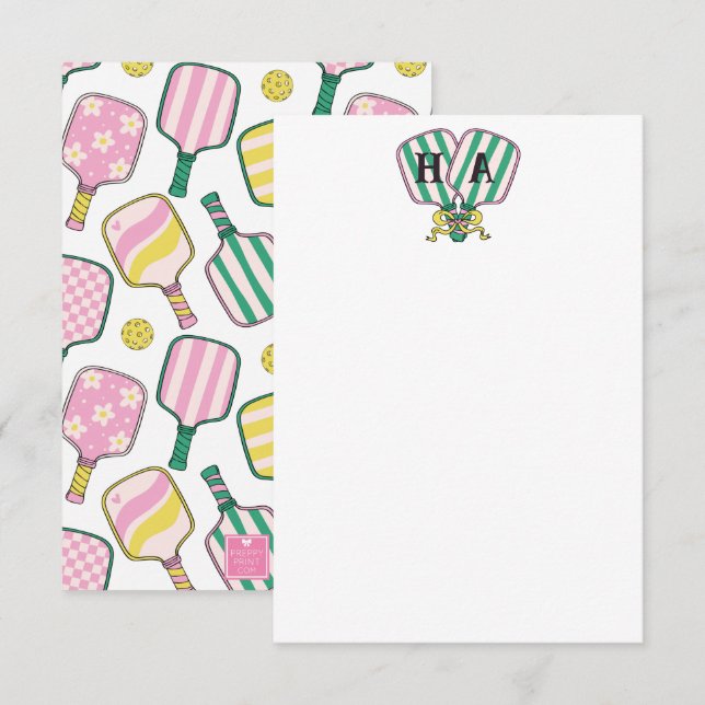 Carte De Remerciements Monogramme de Pickleball Rose et Jaune Preppy (Devant / Derrière)