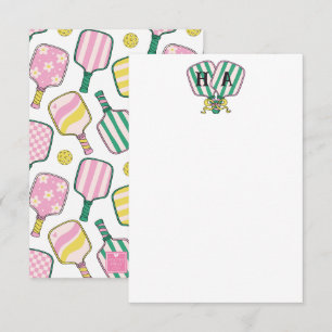 Carte De Remerciements Monogramme de Pickleball Rose et Jaune Preppy