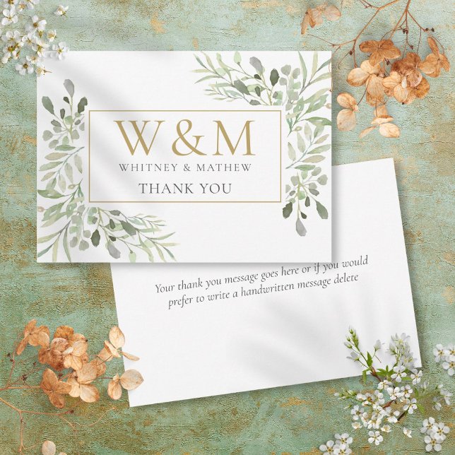 Carte De Remerciements Monogramme doré Élégance de la verdure (Gold Monogram Greenery Elegant Thank You Card)