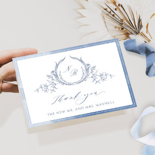 Carte De Remerciements Monogramme Dusty Blue Script, Mariage Aquarelle E