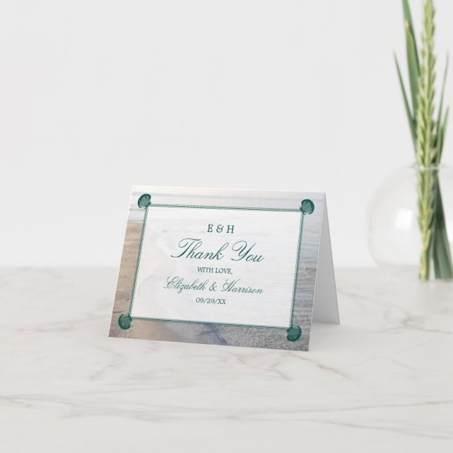 Carte De Remerciements Monogramme élégant et mariage Turquoise sur la pla (Devant)
