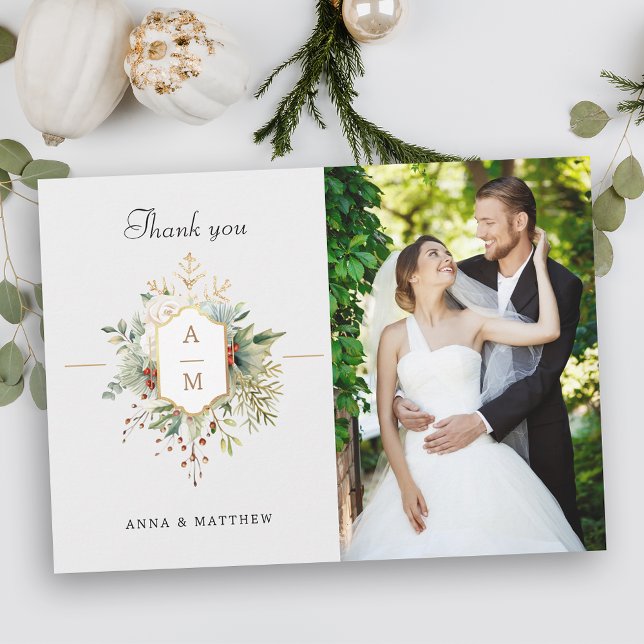 Carte De Remerciements Monogramme floral de Noël tout simplement élégant (Créateur téléchargé)