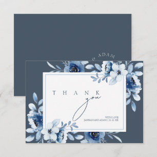 Carte De Remerciements Monogramme Floral Élégant Ardoise Bleu