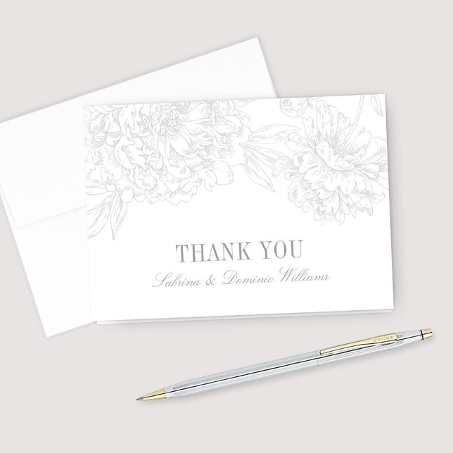 Carte De Remerciements Monogramme Mariage de pivoine florale d'argent (Créateur téléchargé)