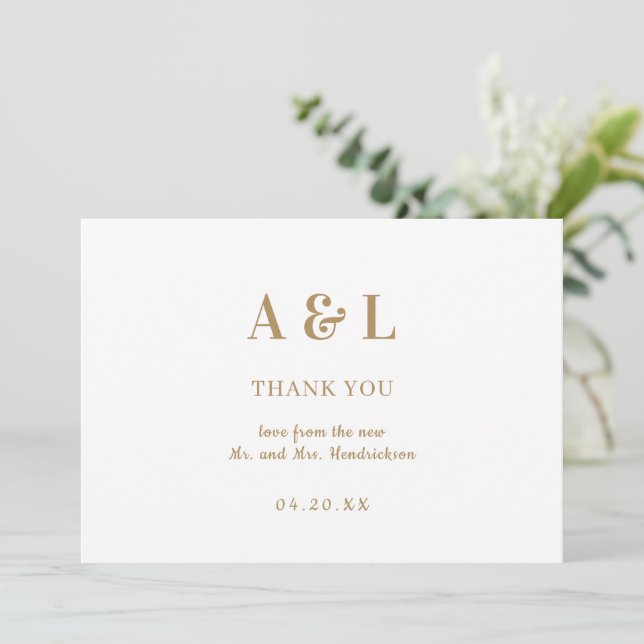 Carte De Remerciements Monogramme minimaliste mariage Or blanc (Debout devant)