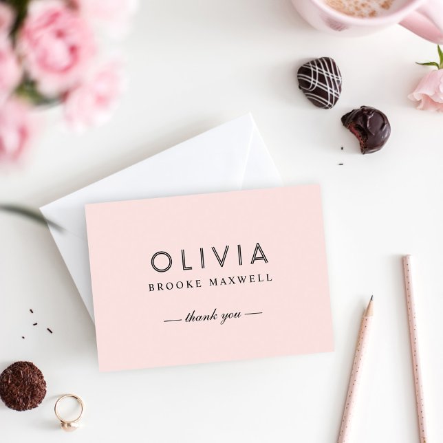 Carte De Remerciements Monogramme Moderne Rose Pâle et Noir (Créateur téléchargé)