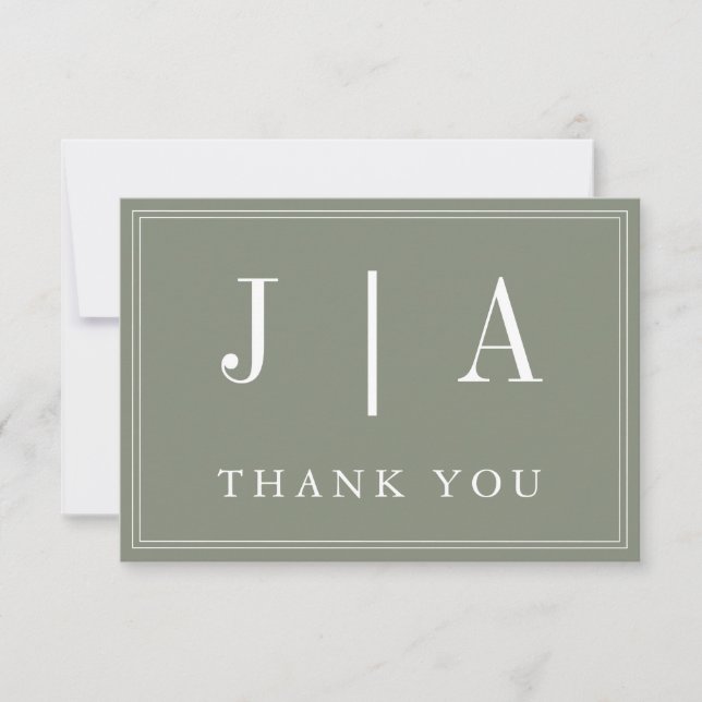Carte De Remerciements Monogramme Moderne Simple Sage Vert Mariage blanc (Devant)