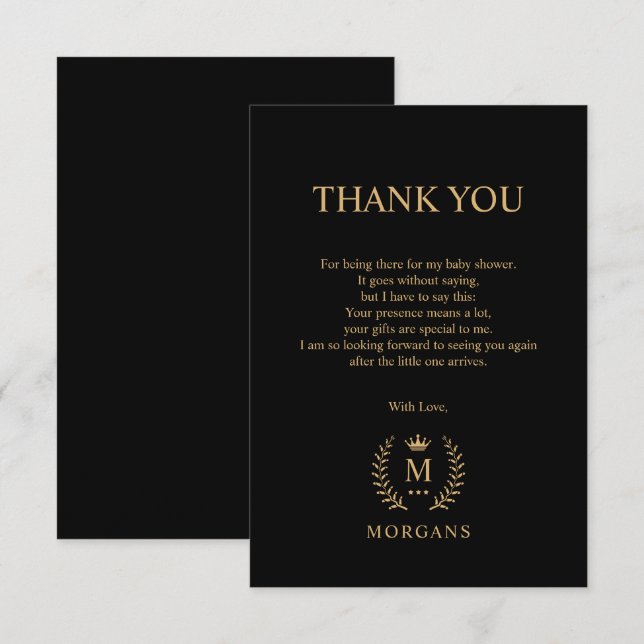 Carte De Remerciements Monogramme noir or simple et élégant (Devant / Derrière)