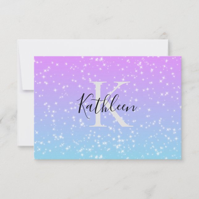 Carte De Remerciements Monogramme Nom initial Pink Blue Sparkle Girl (Devant)