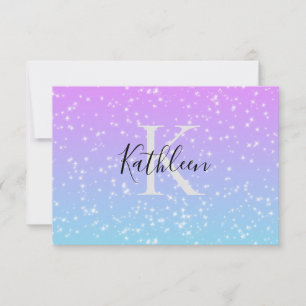 Carte De Remerciements Monogramme Nom initial Pink Blue Sparkle Girl
