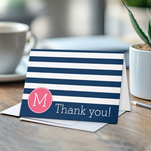 Carte De Remerciements Monogramme rose chaud Motif rayé blanc et marine (Custom Greeting Card)
