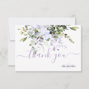 Carte De Remerciements Monogramme Vert Eucalyptus Feuilles Fleurs pourpre