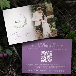 Carte De Remerciements Monogramme vert mauve baies mariage photo QR Code