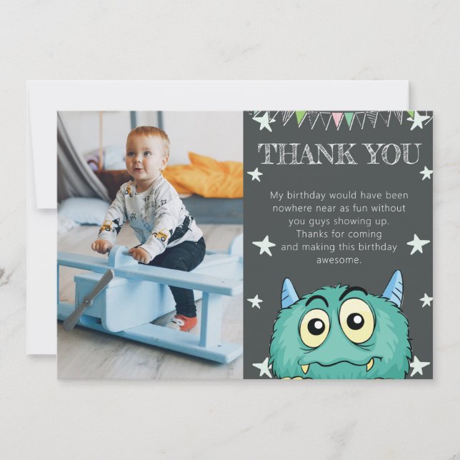 Carte De Remerciements Monster Thème Photo Anniversaire (Devant)