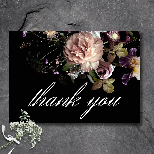 Carte De Remerciements Moody foncé Pastel Opulent Floral Mariage noir (Dark Moody Pastel Opulent Floral Black Wedding Thank You Card)