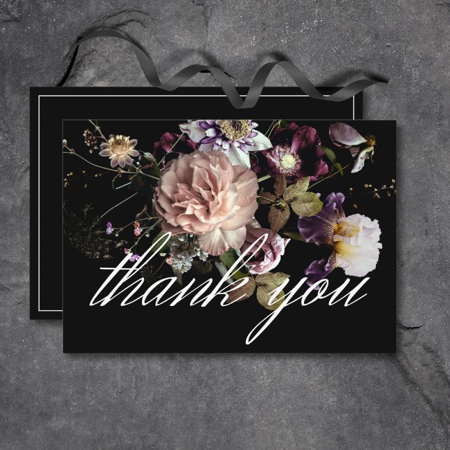 Carte De Remerciements Moody foncé Pastel Opulent Floral Mariage noir (Dark Moody Pastel Opulent Floral Black Wedding Thank You Card)