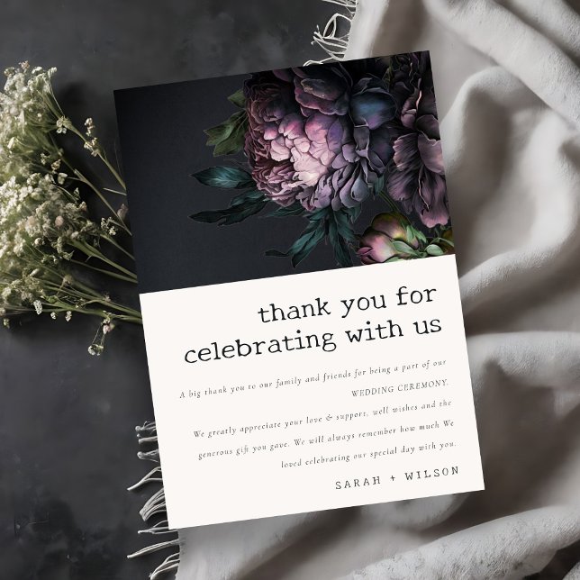 Carte De Remerciements Moody Gothic violet foncé Mariage de pivoine noire (Créateur téléchargé)