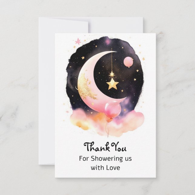 Carte De Remerciements Moon Stars Aquarelle céleste Baby shower fille (Devant)