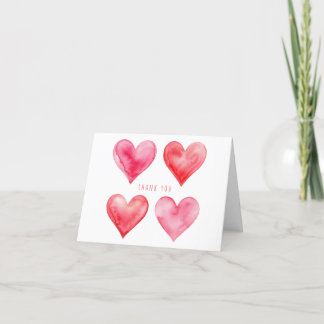 Carte De Remerciements Motif de cœurs à l'aquarelle rose et rouge