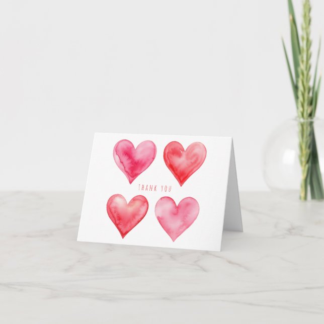 Carte De Remerciements Motif de cœurs à l'aquarelle rose et rouge  (Devant)