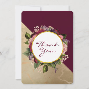 Carte De Remerciements Motif en marbre doré et floral bourgogne