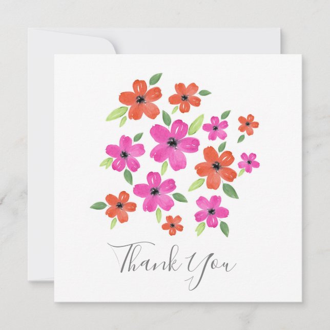 Carte De Remerciements Motif floral aquarelle rose et orange vif (Devant)