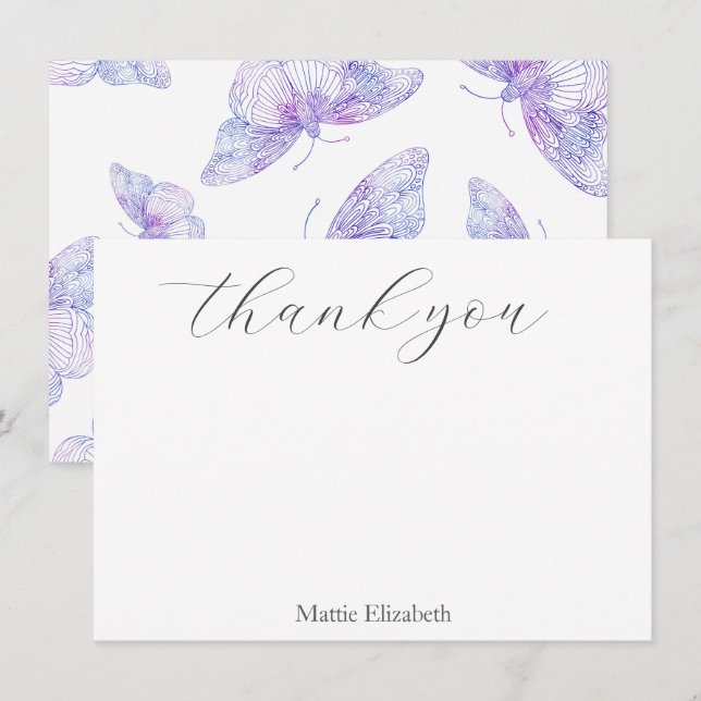 Carte De Remerciements Motif papillon violet aquarelle (Devant / Derrière)