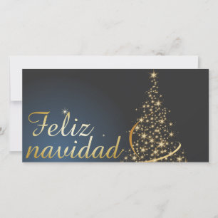 Carte De Remerciements Motivo navideño azul con dorado árbol de navidad.