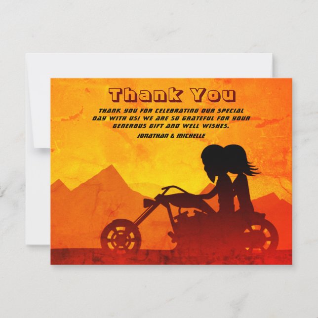Carte De Remerciements Moto Couple Mountain Sunset Mariage (Devant)