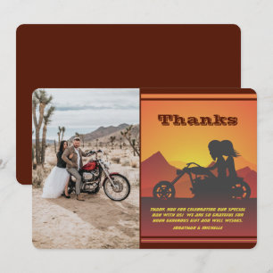 Carte De Remerciements Moto Couple Mountain Sunset Mariage photo