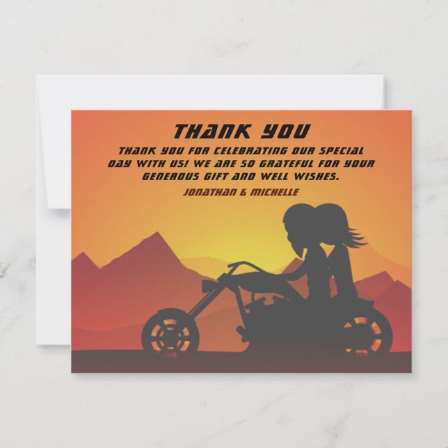 Carte De Remerciements Moto Couple Mountain Sunset/Sunrise Mariage (Devant)