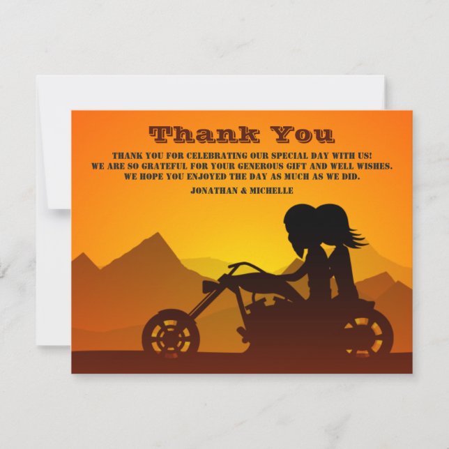 Carte De Remerciements Moto Couple Mountain Sunset/Sunrise Mariage (Devant)