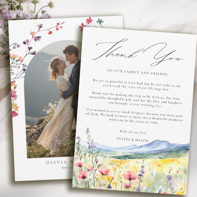 Carte De Remerciements Mountain Meadow Wildflowers Modern Boho Wedding (mountain wedding thank you boho arch photo wildflowers meadow floral watercolor modern calligraphy )