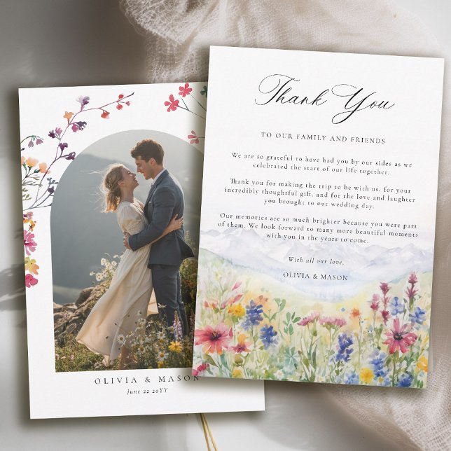 Carte De Remerciements Mountains Scene Rustic Meadow Wildflowers Wedding (mountains wedding thank you card boho arch photo wildflowers meadow floral watercolor)