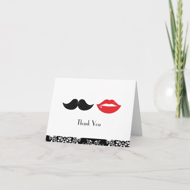 Carte De Remerciements Moustache et lèvres rouge, noir et blanc Mariage d (Devant)
