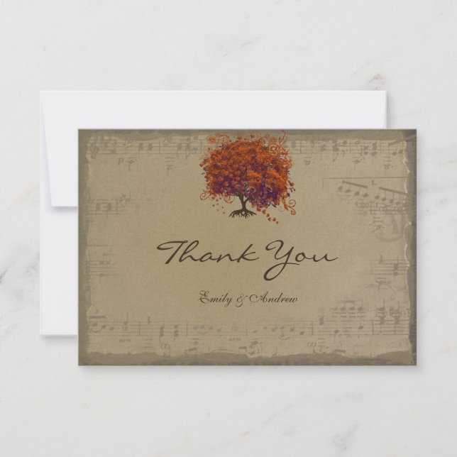 Carte De Remerciements Musical Gold Dark Orange Plum Heart Leaf Tree (Devant)