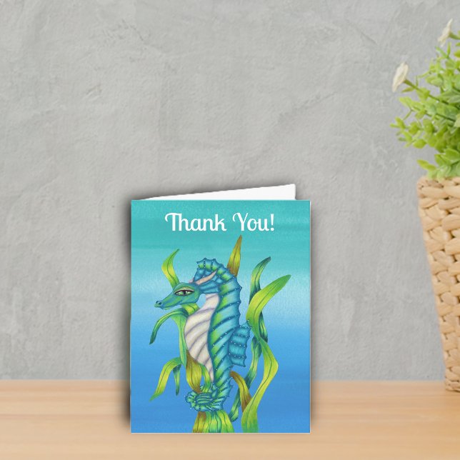 Carte De Remerciements Mystique Dragon de Mer Créatures dans Aqua Blue Se (Fantasy sea dragon horns aqua blue in green seaweed on shades of ocean blue Thank You card.)